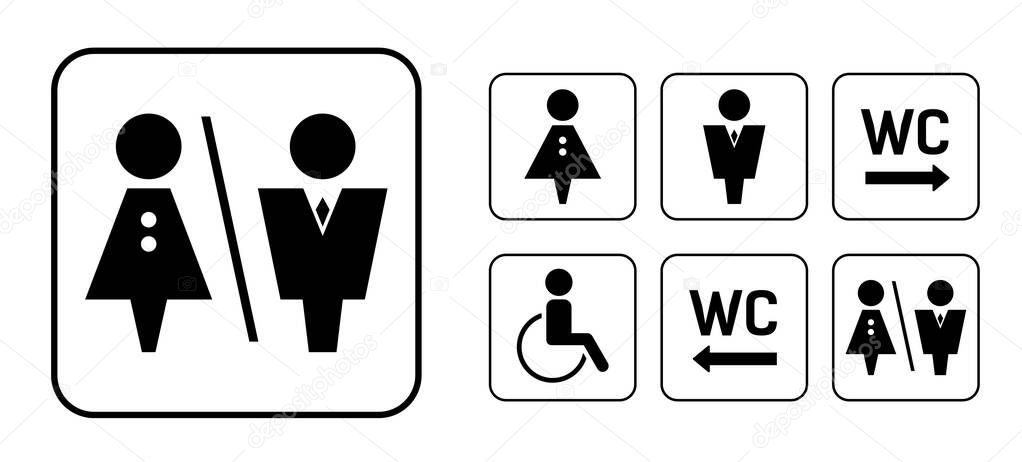 WC sign icon in square. Set Washroom vector sign.