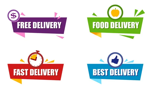 Red, green and blue ribbon with text Free delivery, Best delivery and food delivery. — Vector de stock