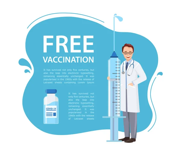 Εκστρατεία Ελεύθερων Εμβολιασμών. Γιατρός κρατώντας μεγάλη σύριγγα — Διανυσματικό Αρχείο