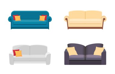 Evin içi için farklı koltuklar ayarla. Beyaz, mavi ve bej kanepe..