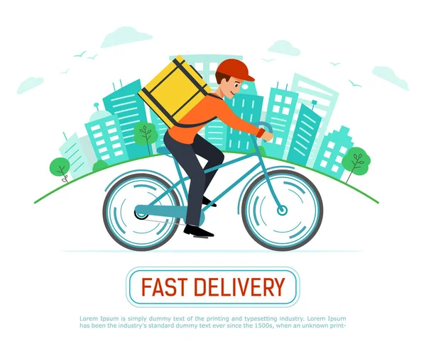 Banner entrega rápida de bienes y alimentos. Paseos en mensajería Bicicleta por la ciudad. — Vector de stock