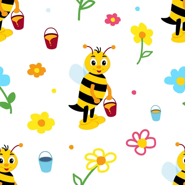 Enfants répétant modèle avec abeille joyeuse dans la prairie. — Image vectorielle