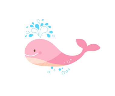 Şirin, mutlu, pembe balina. Su fıskiyesini serbest bırakan pembe bir balinanın vektör çizimi.