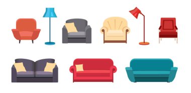 Farklı kanepe, lamba ve koltukları beyaza koyun. Büyük Koleksiyon mobilyaları