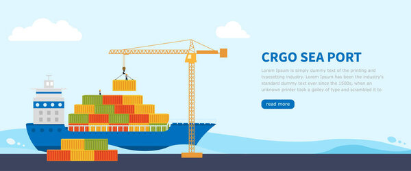 Crane loads cargo on to cargo barge. Banner or landing page worldwide cargo