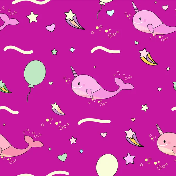 Patrón para niños con ballena unicornio y globos sobre fondo rosa brillante. — Vector de stock