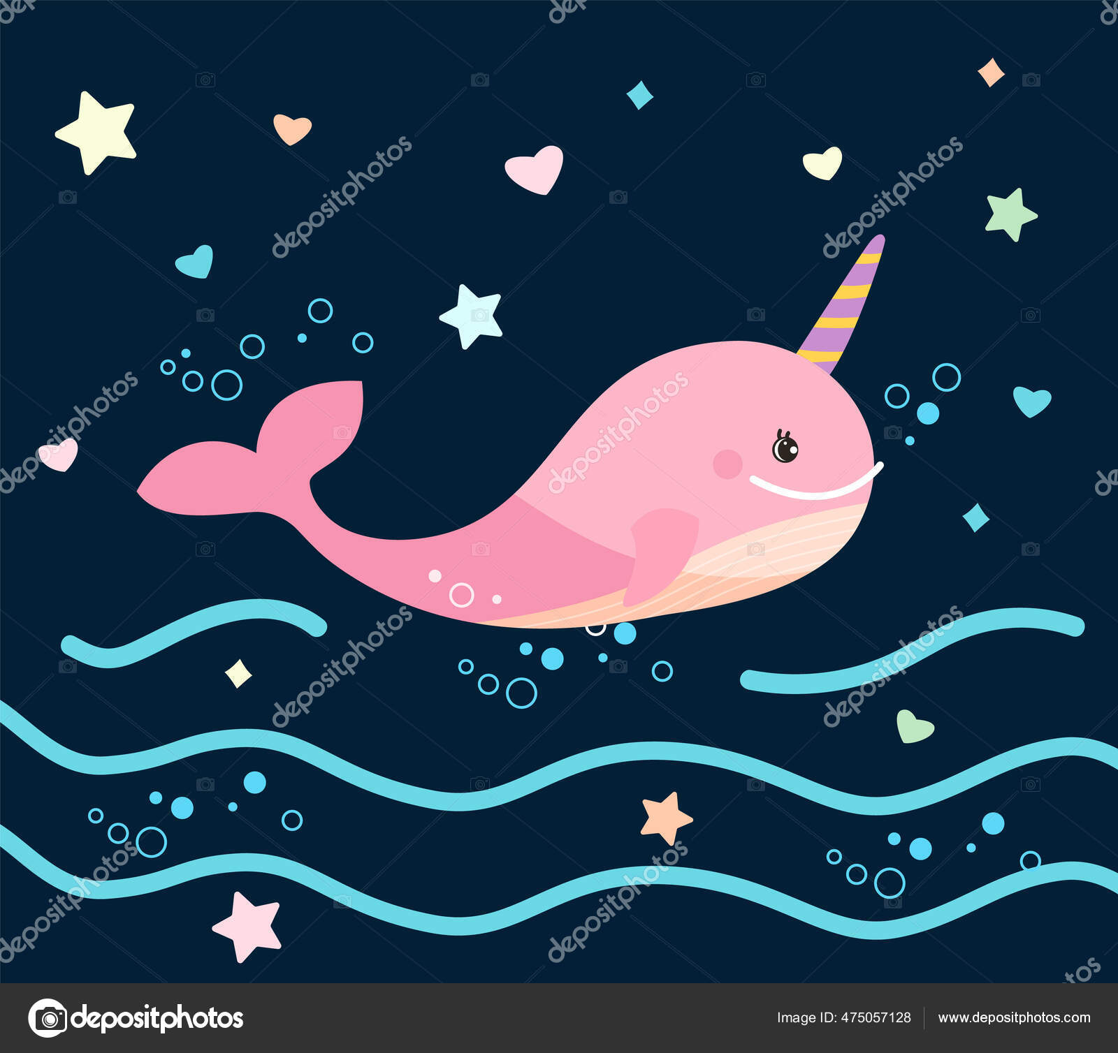 可爱的粉色独角鲸。有角的粉红微笑的鲸鱼的矢量儿童图解图库矢量图©kornetka 475057128