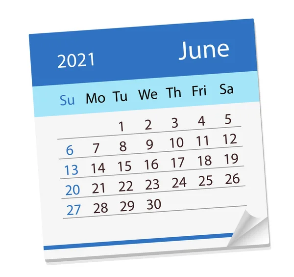 Hoja de calendario del mes de junio de 2021. Ilustración vectorial. — Vector de stock