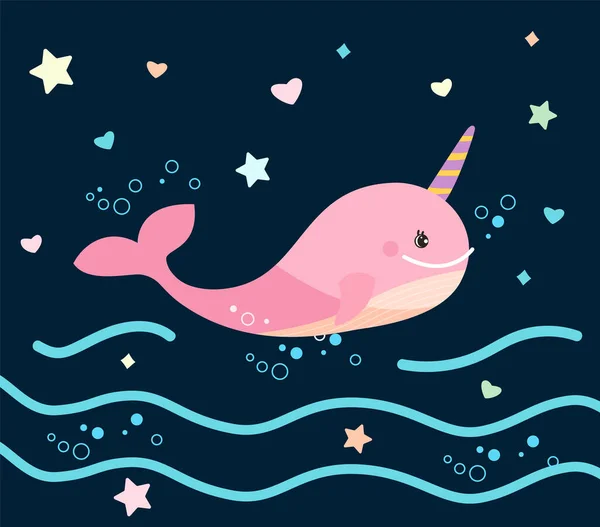Un simpatico narvalo rosa. Illustrazione dei bambini vettoriali di balena sorridente rosa con un corno — Vettoriale Stock