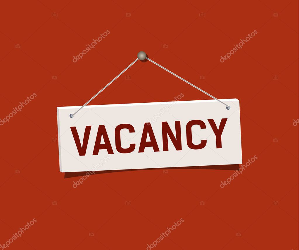 Vacancy sign hanging on red wall. Realistic sign