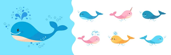 Piccola balena carina su sfondo blu. Set di balene colorate diverse e narvalo. — Vettoriale Stock
