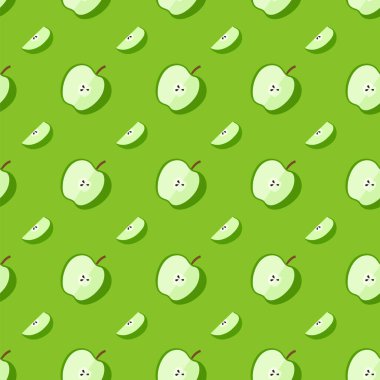 Taze elmalar dikişsiz desen. Yeşil arkaplanda yeşil elma dilimi deseni.