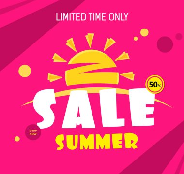 Yaz güneşli açık kırmızı pankart. SMS Yaz satışları% 50 indirimli.