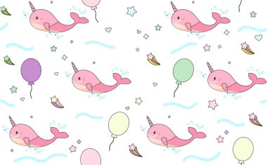 Pembe tek boynuzlu at balinası ve balon desenli çocuklar. Pembe deniz gergedanlı kusursuz desen