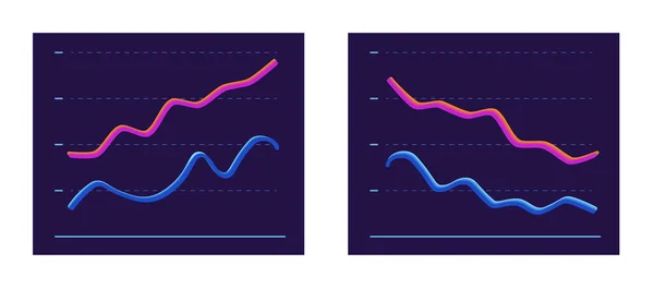 Gráfico abstracto con dos líneas 3D moviéndose hacia arriba y hacia abajo. crecimiento y disminución de beneficios. — Vector de stock