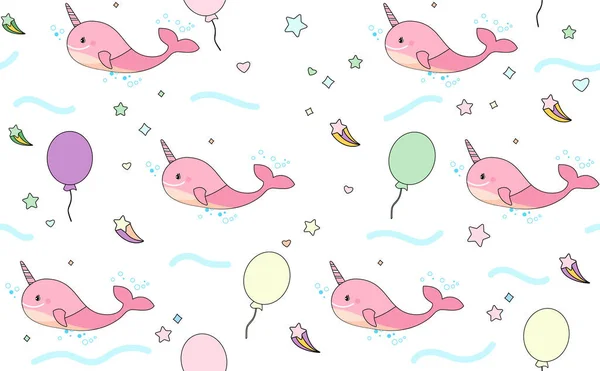 Wzór dla dzieci z różowym wielorybem jednorożcowym i balonami. Płynny wzór z różowym narwalem — Wektor stockowy