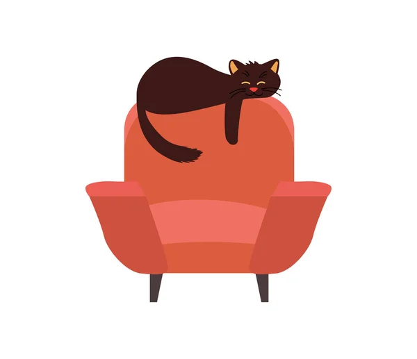 Brown armchair with black cat isolated on white. Concept cozy home. — Stock Vector