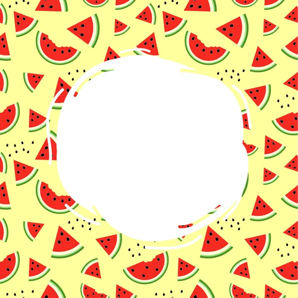 Rund weißes Etikett für Text auf gelbem Hintergrund mit heller Wassermelone und Samen. — Stockvektor