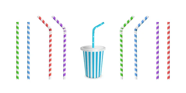 Trinken gestreift und Farbe Strohhalme für Getränke. Stroh und Tasse isoliert auf weißem Hintergrund. — Stockvektor