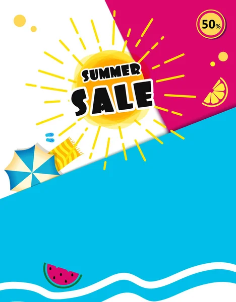 Ljusa Försäljning vertikal affisch, mall design med sommarsol. Text Het försäljning. — Stock vektor