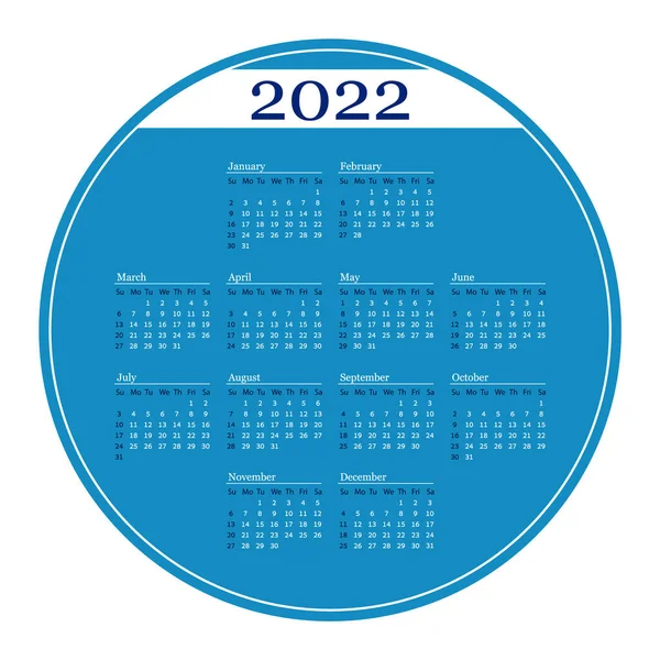 Blauwe cirkel kalender op 2022 jaar. Vector template kalender in het Engels. — Stockvector