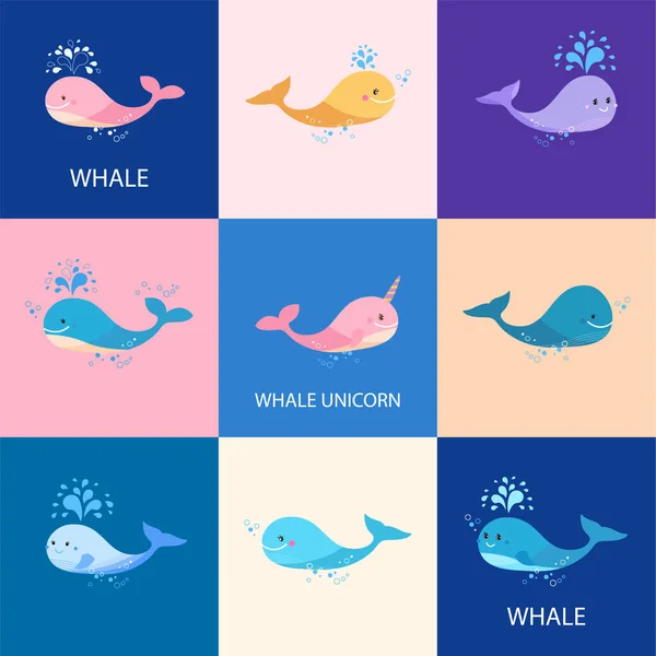 Sbírka barevných roztomilých velryb. Malá veselá velryba a růžová jednorožec velryba. — Stockový vektor