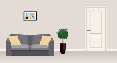 Kapının önünde gri bir kanepe olan resepsiyon odası..