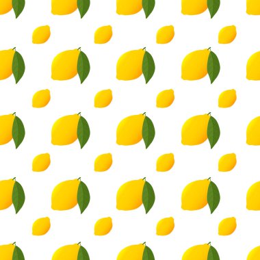 Limon ve yeşil yaprak desenleri beyaza izole edilmiş. Sarı, pürüzsüz, olgun limonlu..