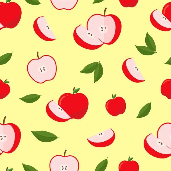 Nahtloses Muster mit rotem und grünem Apfel und Blättern auf gelbem Hintergrund. — Stockvektor