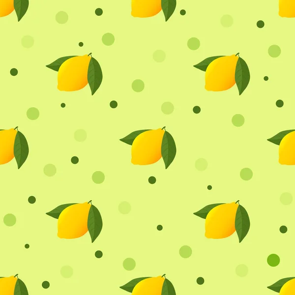 Nahtloses Muster mit leuchtend gelber Zitrone und Blättern auf grünem Hintergrund. — Stockvektor