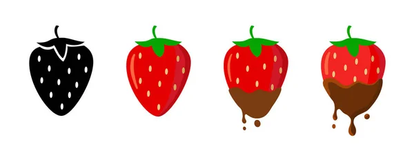 Definir morango vermelho maduro em estilo plano. morango em chocolate — Vetor de Stock
