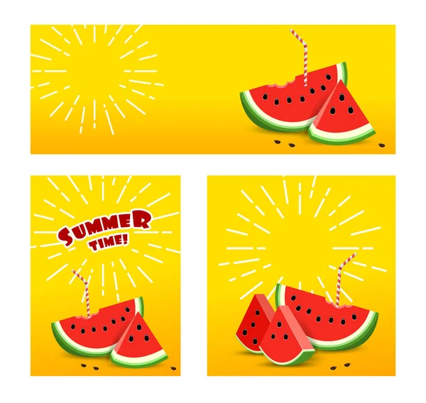 Set Summer banner with Watermelon. Sun rays drawn white pencil. — Stockvektor