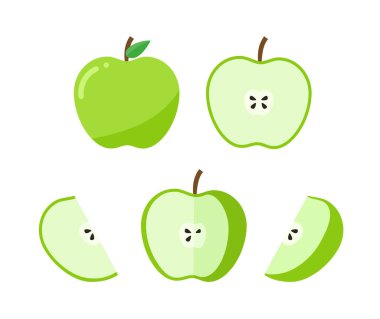 Set of Green apple whole and ripe. Apple half and piece. Vector illustration apple in flat style.