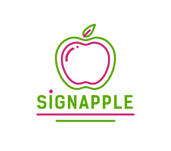 Green and pink linear apple with leaf. Logo concept for healthy lifestyle or agricultural company. — Stockový vektor