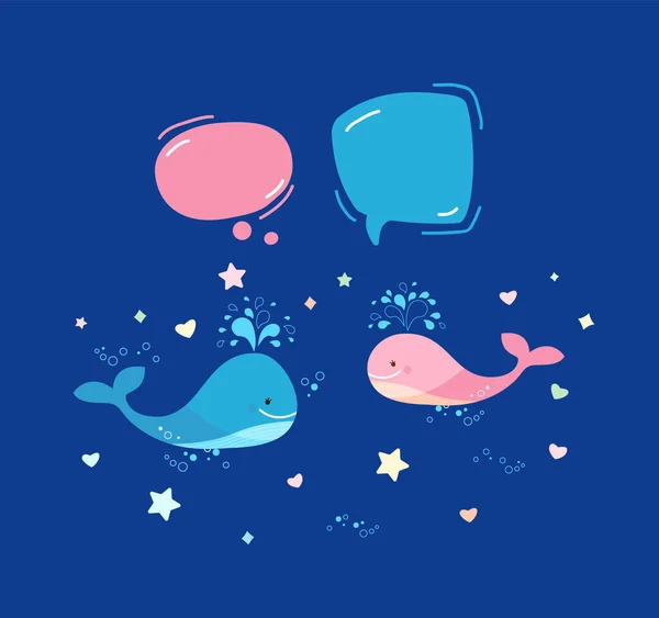 Разговор о голубом и розовом ките. Пара китов влюблены в пустые текстовые пузыри. — стоковый вектор