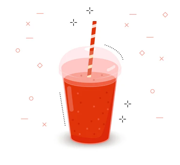 Sandía o jugo de tomate en una taza de plástico. Taza de plástico realista con jugo rojo — Vector de stock