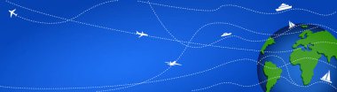 Turistler dünyayı dolaşır. Mavi arka planda uluslararası uçuşlar veya kargo taşımacılığı.