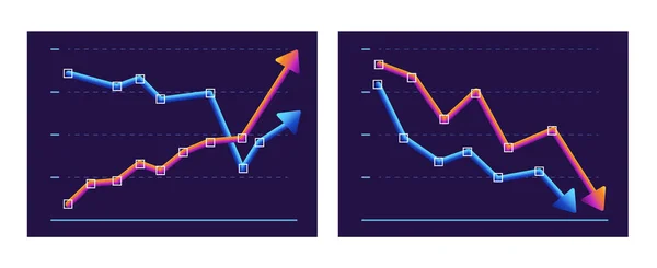 Gráfico de negocios con dos flechas moviéndose arriba y abajo. crecimiento y disminución de beneficios. — Vector de stock