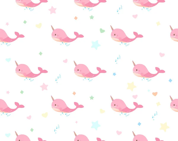 Patrón infantil con ballena rosa y estrellas sobre fondo blanco. Patrón sin costura — Vector de stock
