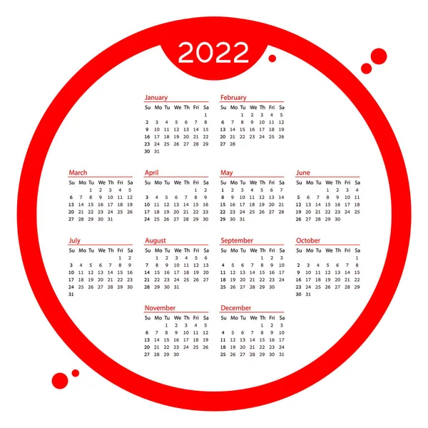 Calendario de mesa de círculo rojo en 2022 año. calendario plantilla — Vector de stock