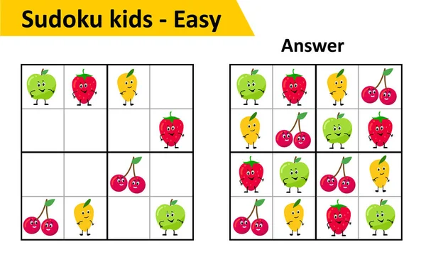 Sudoku dzieci gry z odpowiedziami. Słodkie znaki owoców w 4x4. Gra dla małych dzieci. — Wektor stockowy