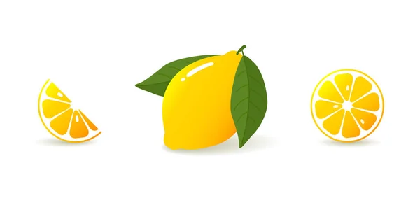 アイコンイエローレモンの熟したクローズアップを設定します。現実的な黄色のレモンスライスと半分. — ストックベクタ