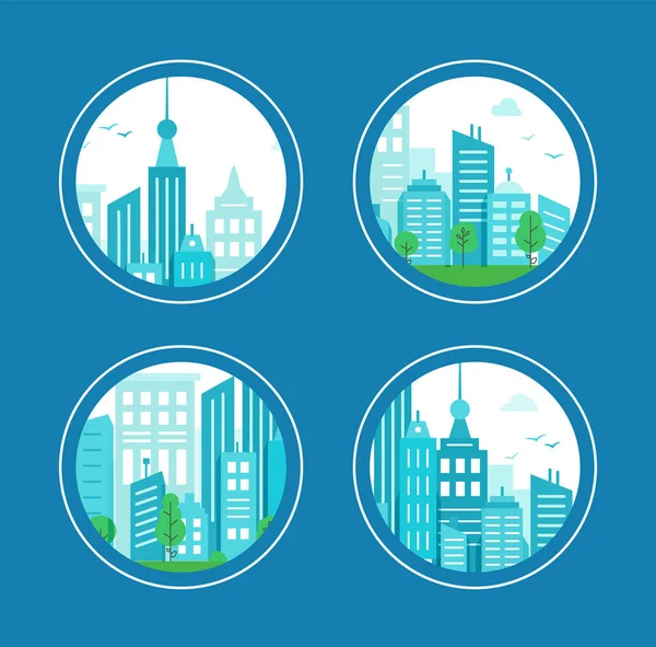 Mavi şehirli yuvarlak ikonlar. Çemberde evleri olan şehir manzarası. — Stok Vektör