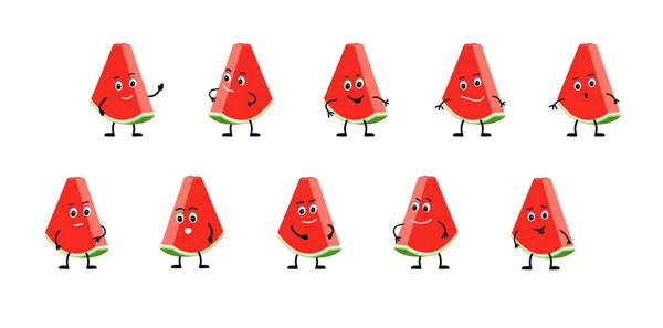 Fruit Watermeloen emoji glimlacht, verheugt zich, is verdrietig, is boos, is verrast. Stel stripfiguur in — Stockvector
