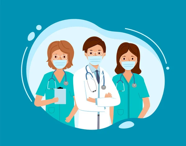 Groupe de médecins de la clinique médicale. Docteur en bulle blanche sur fond bleu. — Image vectorielle