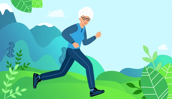 La anciana se dedica a correr en el parque. Caminar abuela. — Archivo Imágenes Vectoriales