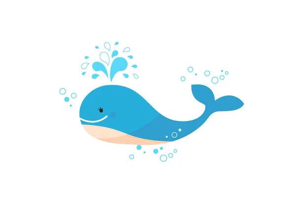 Gelukkige blauwe vinvis die een fontein van water loslaat. Leuke blauwe walvis. Vectorillustratie. — Stockvector