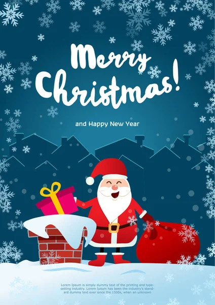 포스터 메리 크리스마스. 선물 가방을 들고 지붕 위에 있는 산타 클로스는 굴뚝 속으로 선물을 던진다. — 스톡 벡터