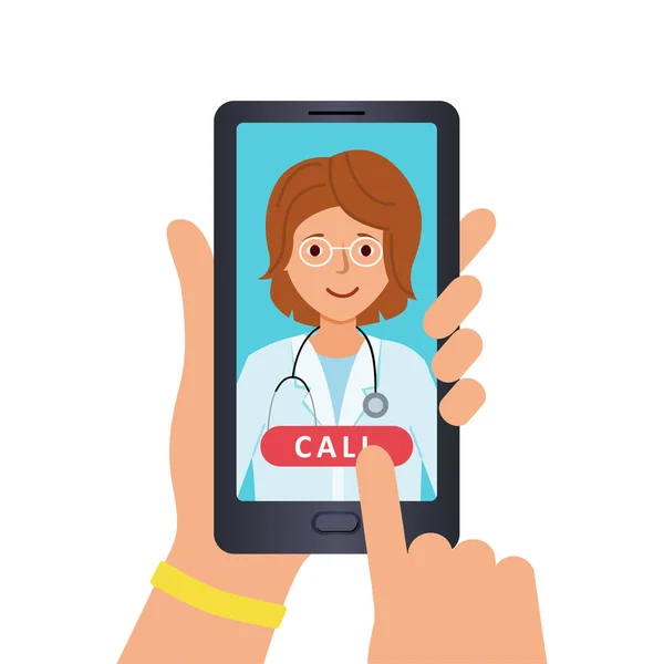 Appelez le médecin au téléphone en utilisant la plate-forme média. Réception sans tact du patient. — Image vectorielle