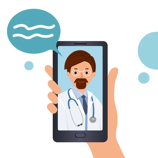 Consultation en ligne avec un médecin. Appelez le médecin au téléphone via la plateforme média. — Image vectorielle